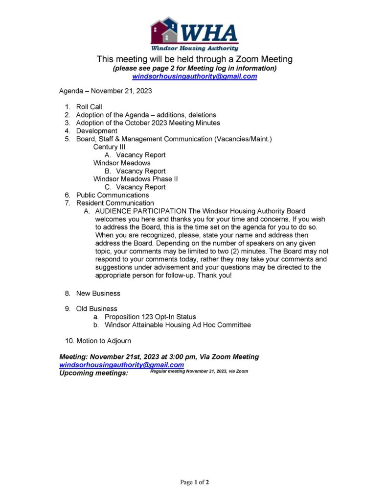 windsor housing authority november board meeting