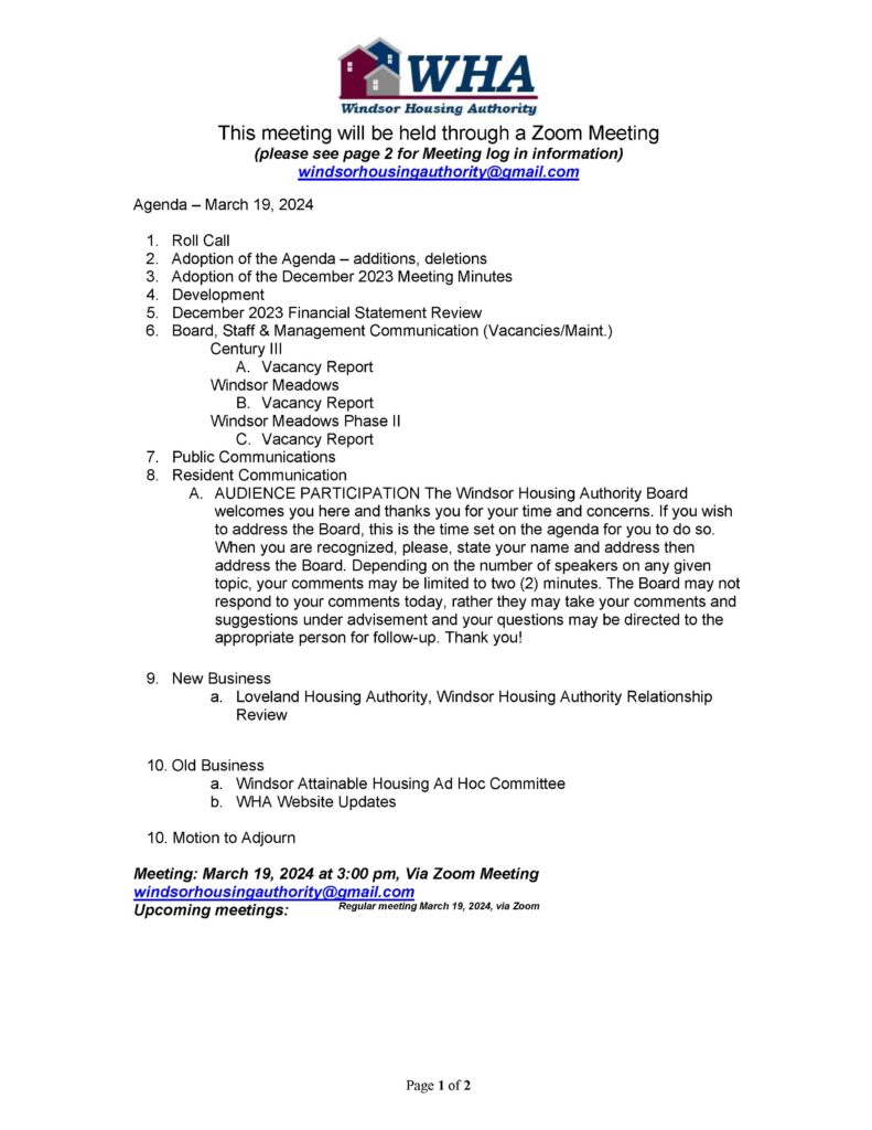 windsor housing authority board meeting march agenda